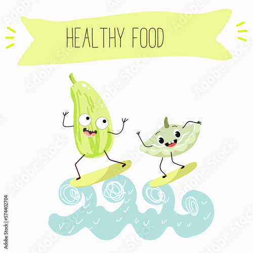 Illustration with funny characters marrow, pattypan,courgette, crop, zucchini, patisson.  Funny and healthy food. Vitamins, cute face food, ingredients, vegetarianism, vector cartoon, antioxidant.