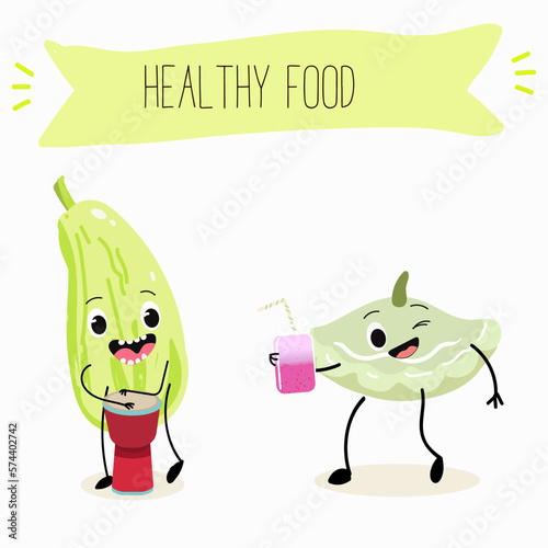 Illustration with funny characters marrow, pattypan,courgette, crop, zucchini, patisson.  Funny and healthy food. Vitamins, cute face food, ingredients, vegetarianism, vector cartoon, antioxidant.