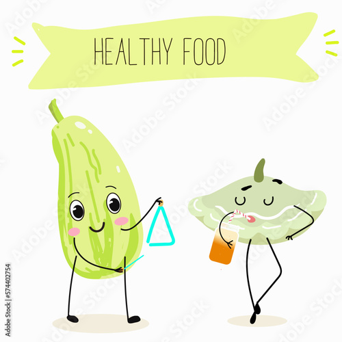 Illustration with funny characters marrow, pattypan,courgette, crop, zucchini, patisson.  Funny and healthy food. Vitamins, cute face food, ingredients, vegetarianism, vector cartoon, antioxidant.