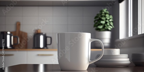 Kitchen, White, Coffee, Mug, Ceramic, Porcelain, Cup, Handle, Beverage, Hot drink, Tea, Espresso, Cappuccino, Latte, Saucer, Breakfast, mockup mug, GENERATIVE AI