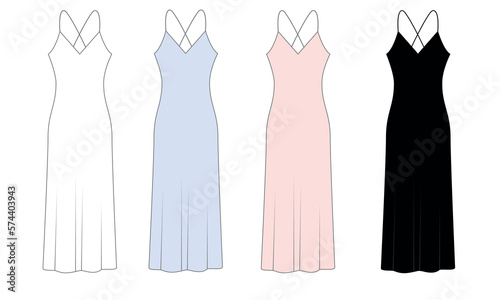 Set of vector drawings of summer long silk dresses with thin spaghetti straps. Template for an evening women's dress according to the figure. Sketch of a women's combination on the straps front, back.