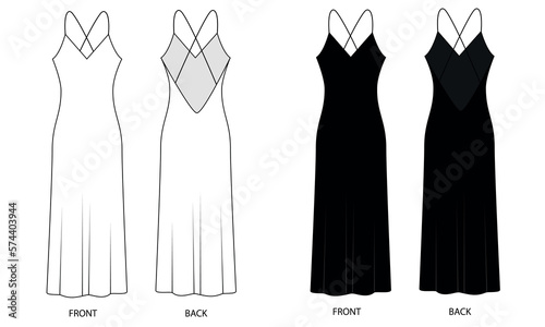 Vector drawing of a dress on thin straps made of white and black silk. Outline template of an evening long women's dress. Sketch of a women's combination on the straps front and back view.