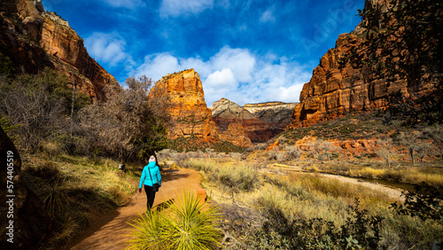 A girl in a blue jacket hikes through the spectacular mountain scenery of Zion National Park in Utah, USA. Winter in Utah.