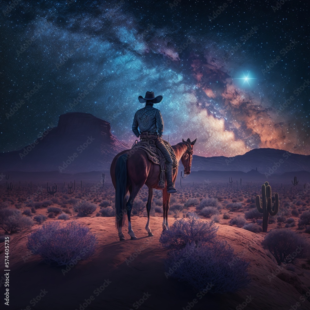 Cowboy Riding in the Desert During a Very Starry Night Generated by AI