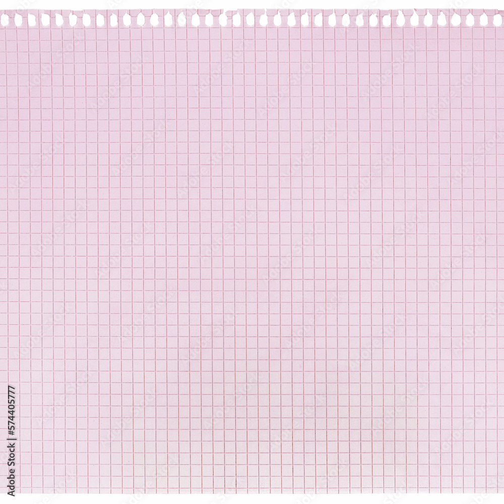 Checked spiral notebook page paper background, old aged pink chequered ring binder sheet flat lay A4 copy space, horizontal squared pattern maths notepad, torn out isolated blank empty notepaper Checked spiral notebook page paper background, old aged pink chequered ring binder sheet flat lay A4 copy space, horizontal squared pattern maths notepad, torn out isolated blank empty notepaper