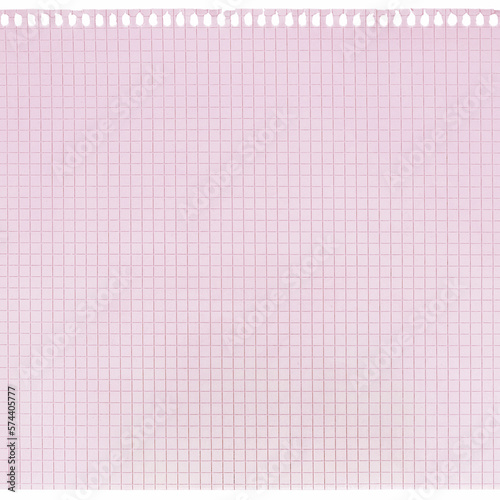 Checked spiral notebook page paper background, old aged pink chequered ring binder sheet flat lay A4 copy space, horizontal squared pattern maths notepad, torn out isolated blank empty notepaper