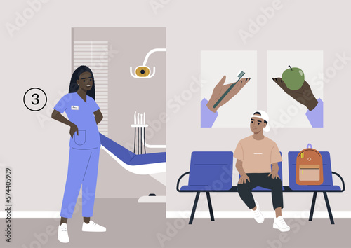 A young patient visiting a dentist cabinet, a waiting area