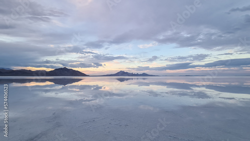 Scenic view of sharp mountain of Volcano Peak in the Silver Island Mountain range near the Bonneville Salt Flats in Wendover, Western Utah, USA, America. Barren deserted landscape near Salt Lake City photo