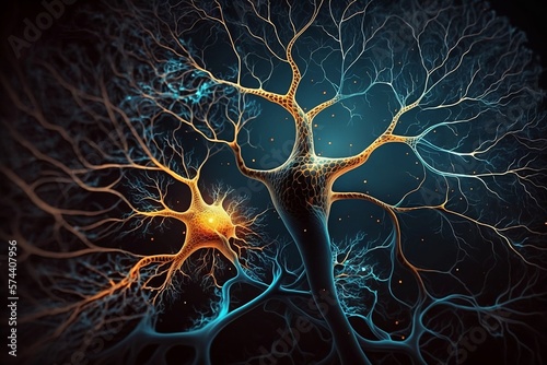 Red neuronal, neuronas conectadas, neuronas en el cerebro humano mandando impulsos y señales, generative ai. photo