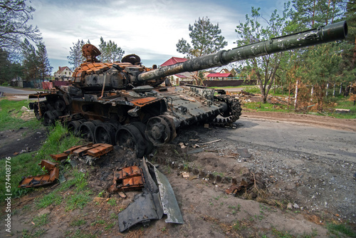 Russian tank was destroyed by the Ukrainian army in the Kyiv region. Selective focus.