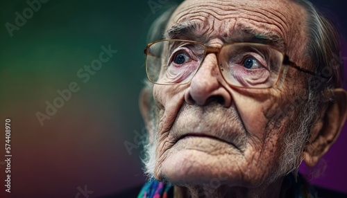 Very Old man wearing eyeglasses looking away. Generative AI