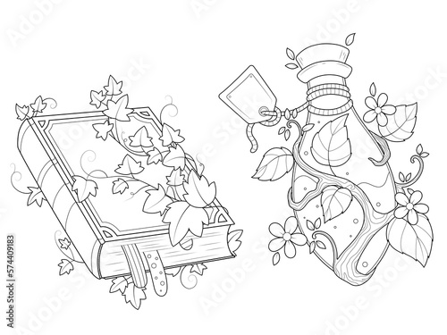 Set Vintage jar and book entwined with ivy. Children coloring book, black lines on a white background.