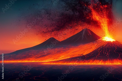 Canvastavla volcano eruption, lava coming down a mountain, isolated on white background
