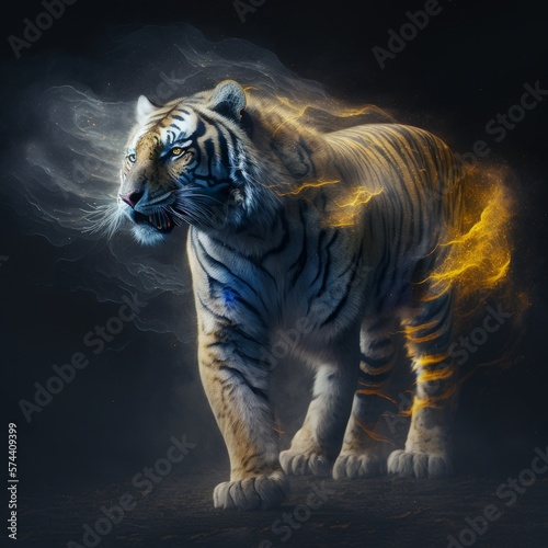Tiger illustration with colored dust clouds. Made with Generative AI. © Paul