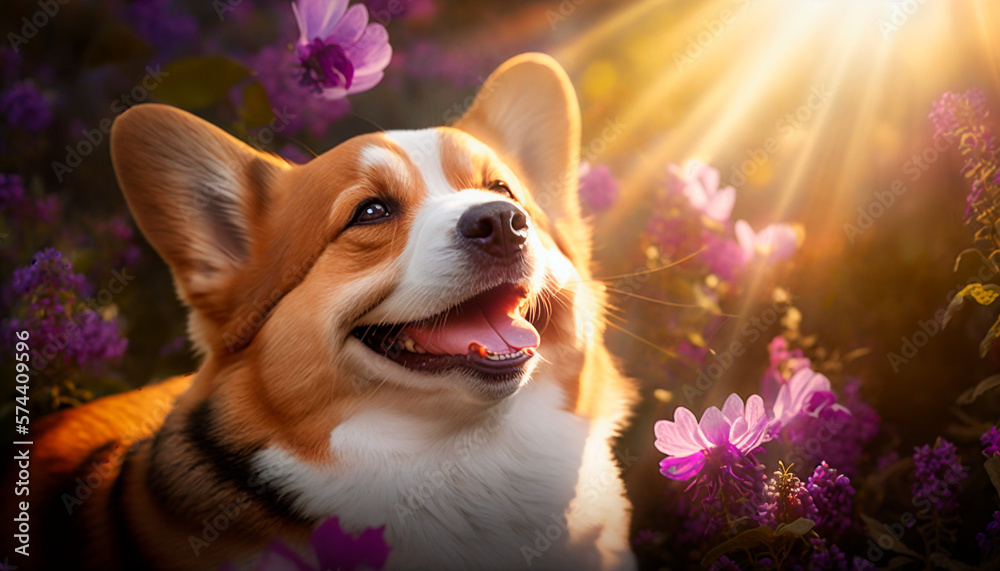 Happy smiling dog on flowers field background. Rays of sun.  Generative AI
