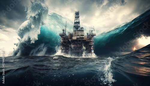 Oil Rig Battling Giant Waves. Generative AI