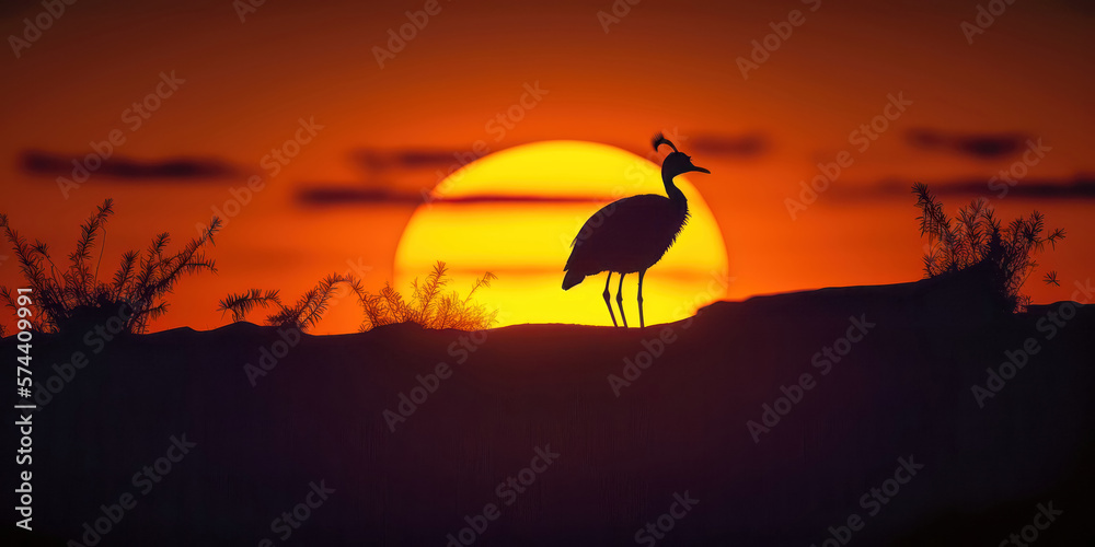 Naklejka premium Abstrakter Surrealer Sonnenuntergang in der afrikanischen Steppe mit wilden Tieren Illustration Generative AI Digital Art Hintergrund Reisedoku