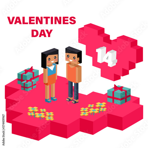 Happy Valentine day pixelated vector banner. Gifts for boyfriend and bouquet for girlfriend wife and husband. Love isometric concept wallpaper, card. 14 february. Love, honesty, romantic, relationship