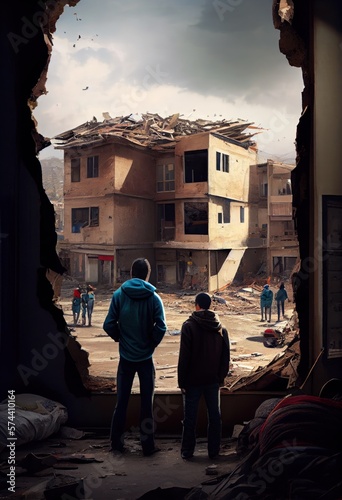 Refugees, view from the back, looking at damaged homes. People in front of destroyed home buildings because of earthquake or war missile strike. Refugees, war and economy crisis.