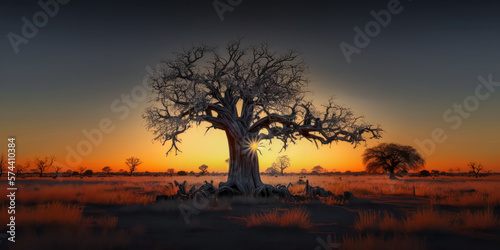 Print op canvas Abstrakter Surrealer Sonnenuntergang in der afrikanischen Steppe mit wilden Tier