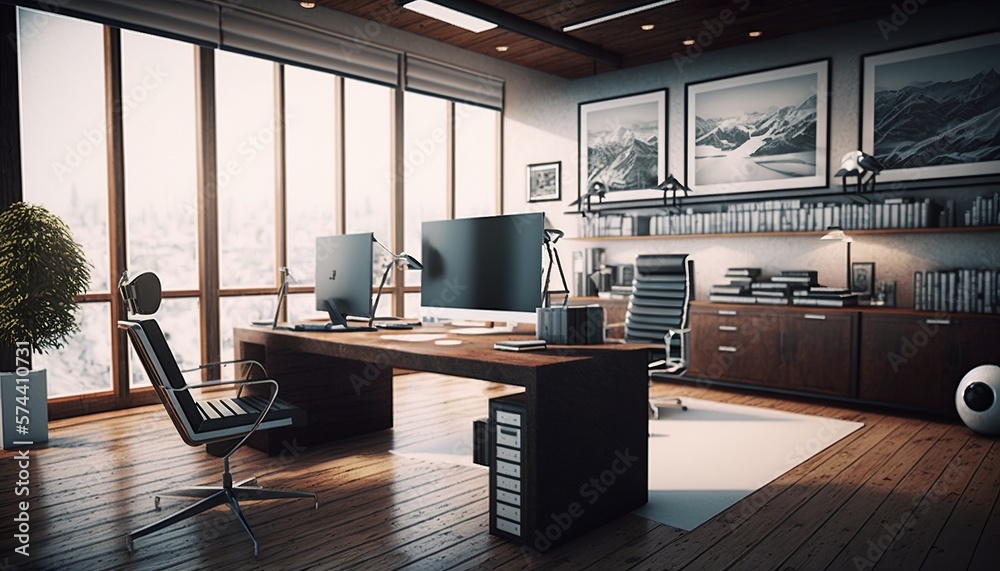 Spacious and bright office environment with computer on a desk, modern furnitures and equipment, Generative AI