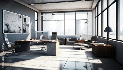 Spacious and bright office environment with computer on a desk, modern furnitures and equipment, Generative AI