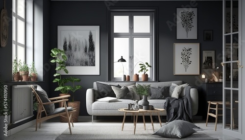 Bright scandinavian interior style charcoal color living room with sofa, armchair and coffee table, Generative AI © Csaba