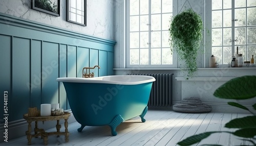 Scandinavian style bathroom interior with blue color bathtub  towel and big window Generative AI