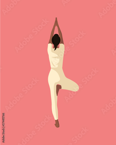 Black girl with brown hair doing yoga pilates gymnastics sport fitness in light brown sport form in faceless style on pink background