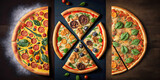 Overhead view of a pizza on a dark background - Generative AI