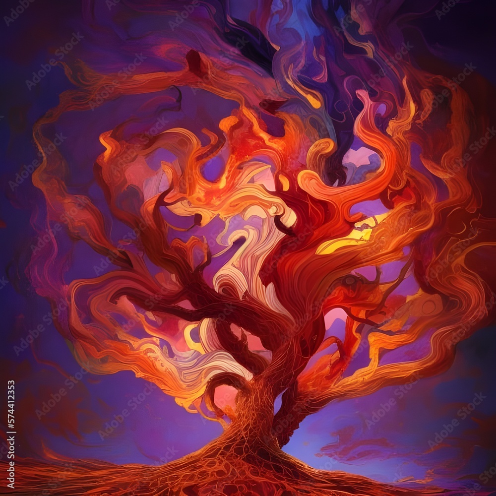 Colourful magic tree in a forest, created with AI generative tools Colourful magic tree in a forest, created with AI generative tools
