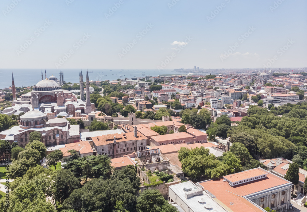 Top view of the Hagia Sophia in the old city of Istanbul against the backdrop of the sea, on a warm summer day
