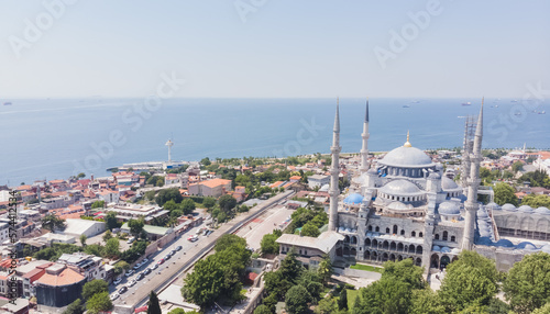 Top view of the Hagia Sophia in the old city of Istanbul against the backdrop of the sea, on a warm summer day