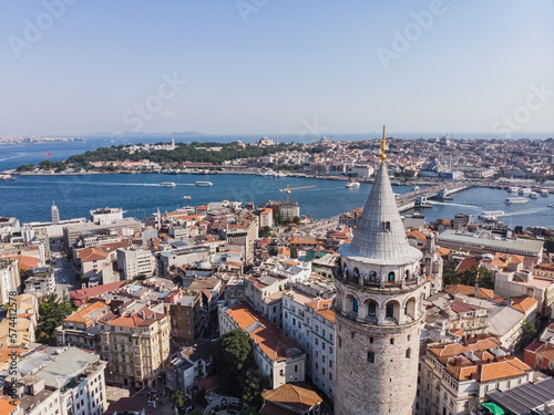 Top view of the Galata Tower in the old city of Istanbul, on a warm summer day