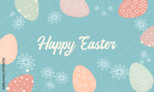 Festive frame template with trendy outlined geometric pattern on easter eggs. Decorative horizontal banner with Easter eggs and flowers on a blue background. Vector holiday border with place for text