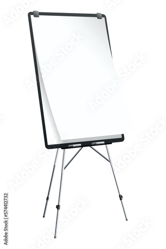 Flipchart mockup. Presentation and seminar whiteboard with blank paper sheets. Flip chart on tripod with space for text, vector illustration isolated on white background