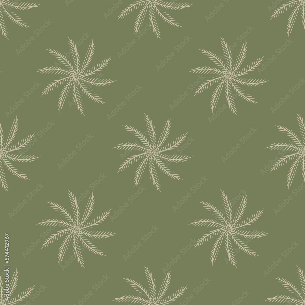 Seamless geometrical pattern with abstract round spiral mandalas. White silhouettes on green background.