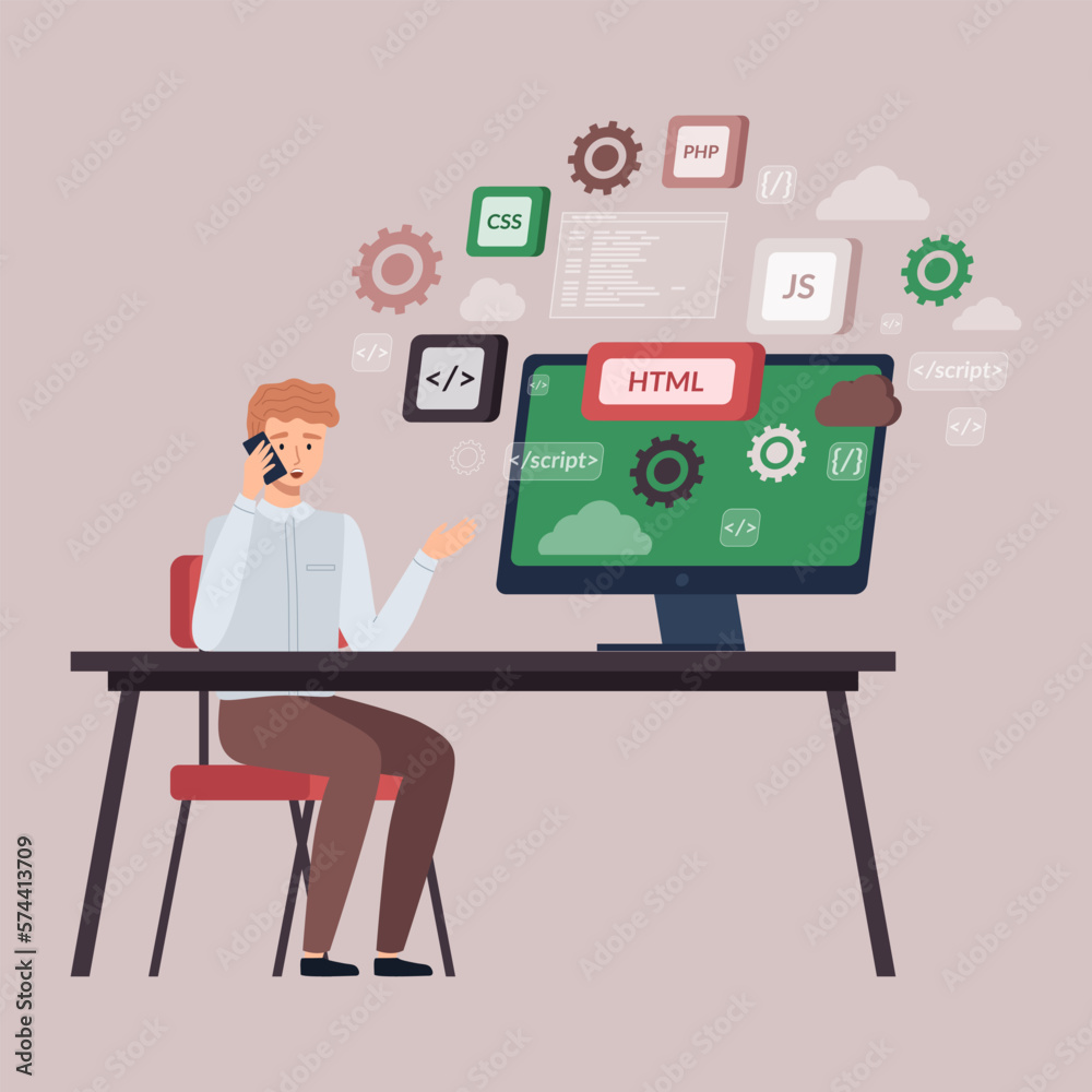 Programmer doing programming languages design and program code on screen, talking on phone. Software, web development. Technology process of information script. Business information coding for website Programmer doing programming languages design and program code on screen, talking on phone. Software, web development. Technology process of information script. Business information coding for website