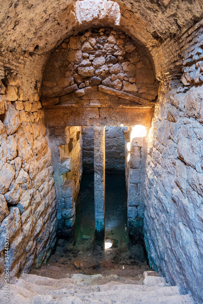 Interior of the Upper Peirene Fountain in Acrocorinth, the Citadel of ancient Corinth in Peloponnese, Greece