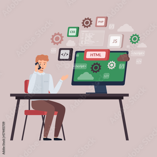Programmer doing programming languages design and program code on screen, talking on phone. Software, web development. Technology process of information script. Business information coding for website