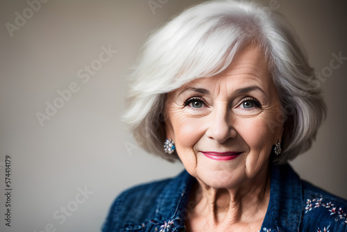 Elegant senior woman portrait. Smile, gray hair and red lips. Generative AI