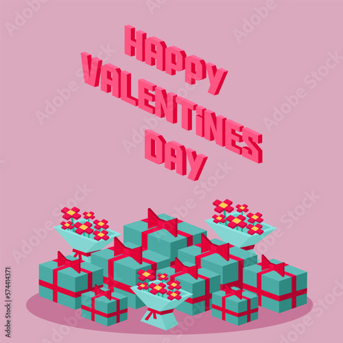 Happy Valentine day pixelated vector banner. Gifts for boyfriend and bouquet for girlfriend wife and husband. Love isometric concept wallpaper, card. 14 february. Love, honesty, romantic, relationship