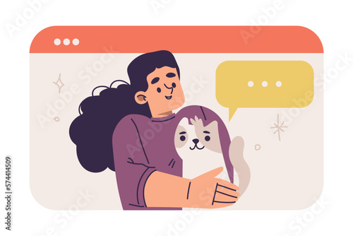Virtual Communication with Woman Character in Web Window with Cat Talking to Somebody Vector Illustration