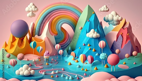 Candyland Dreams  3D Cute Illustration of Rainbow-Colored Fantasy Landscape Made of Multicolored Candies. Generative AI