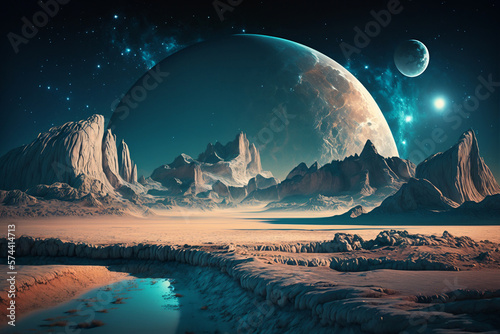 An extraterrestrial landscape provides a scenic view of an alien planet in deep space, Generative Ai