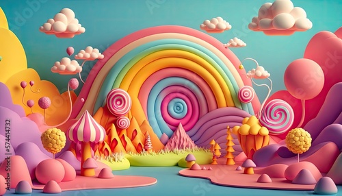 Candyland Dreams: 3D Cute Illustration of Rainbow-Colored Fantasy Landscape Made of Multicolored Candies. Generative AI photo