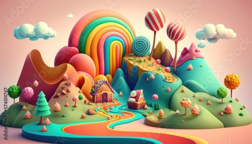 Candyland Dreams  3D Cute Illustration of Rainbow-Colored Fantasy Landscape Made of Multicolored Candies. Generative AI