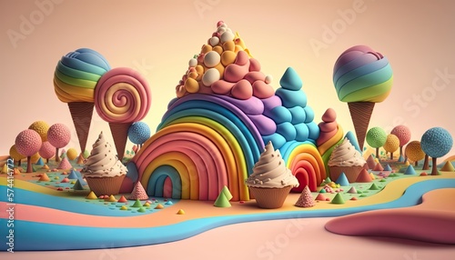 Candyland Dreams: 3D Cute Illustration of Rainbow-Colored Fantasy Landscape Made of Multicolored Candies. Generative AI