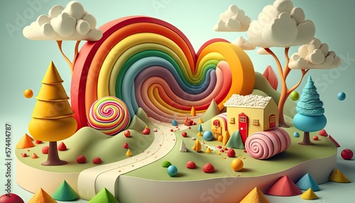 Candyland Dreams: 3D Cute Illustration of Rainbow-Colored Fantasy Landscape Made of Multicolored Candies. Generative AI