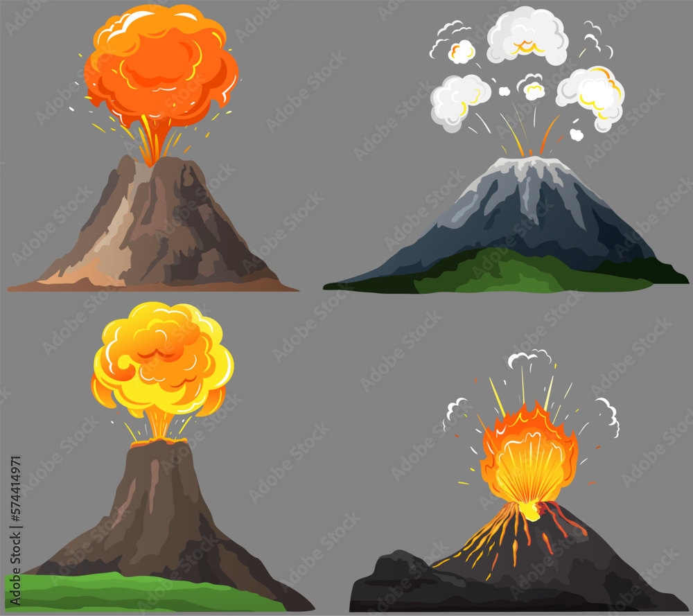 Vetor de Volcanic eruption stages set. Steaming volcano, hot burning